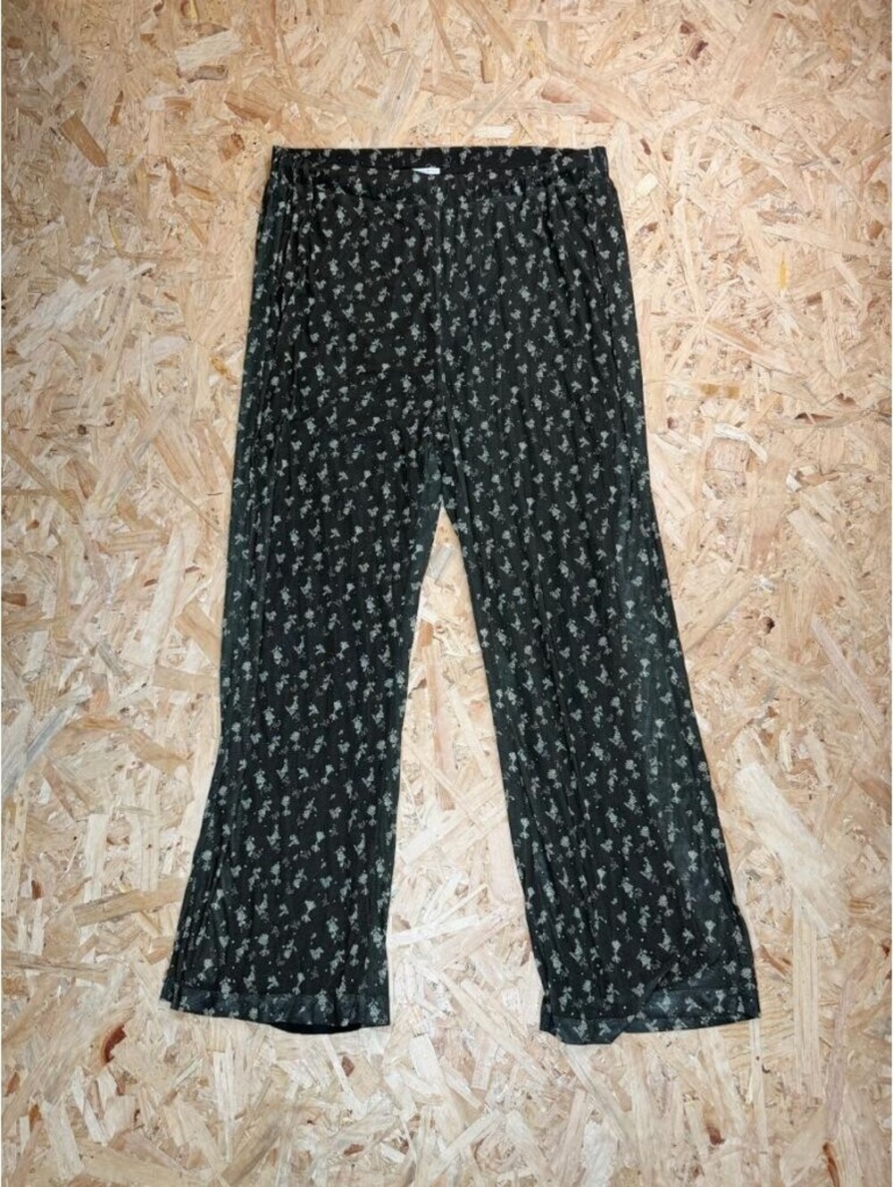 Zara Womens Floral Mesh Wide Leg Pants Size L Green Black Semi Sheer Pull On